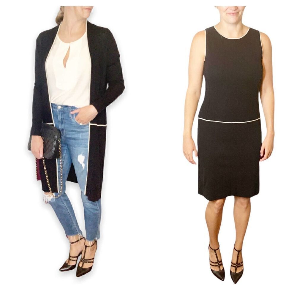 Worth 100% Wool Duster and Midi Dress Two Piece Set Women’s Black Cream Medium M